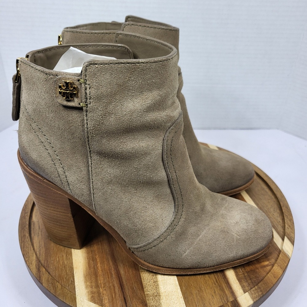 Tory Burch Women's Tan Suede Back Zip Chunky‎ Heel Ankle Boots Size 8.5 M